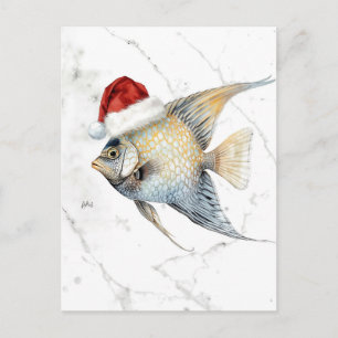Cartão Postal De Festividades Peixe-Anjo Majestoso com Chapéu de Papai Noel Aqua