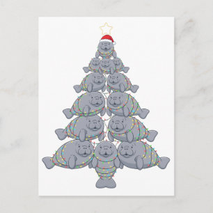 Cartão Postal De Festividades Peixe-boi Festivo Árvore de Natal com Oceano Mágic