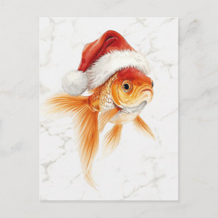 Cartão Postal De Festividades Peixe Dourado com Chapéu de Papai Noel Natação em