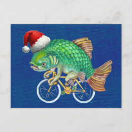 Cartão Postal De Festividades Peixes Em Bicicleta Vestindo Chapéu Santa