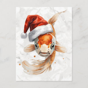 Cartão Postal De Festividades Peixes Koi Elegantes em Chapéu de Natal Aquarela