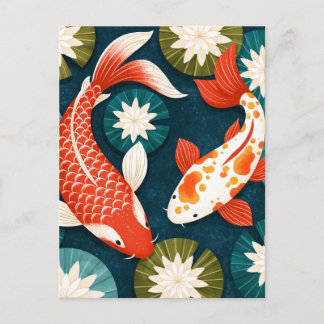 Cartão Postal De Festividades Peixes Koi Japoneses Jardim Zen de Flores de Lótus