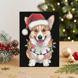 Cartão Postal De Festividades Pembroke Welsh Corgi Chapéu de Natal Luzes de Nata