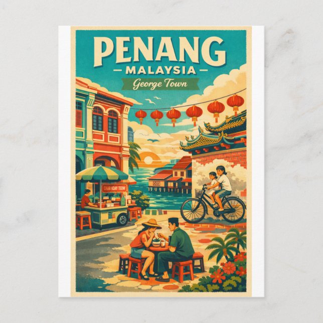 Cartão Postal De Festividades  Penang, Malaysia, in a vibrant retro travel (Frente)