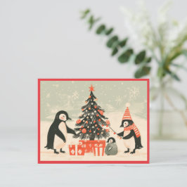 Cartão Postal De Festividades Penguin Family Decorating Christmas Tree