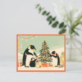 Cartão Postal De Festividades Penguin Family Decorating Christmas Tree Postcard