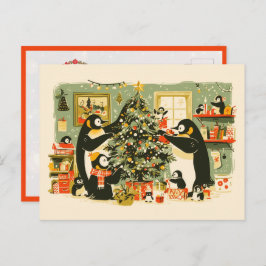 Cartão Postal De Festividades Penguin Family Decorating Christmas Tree Postcard