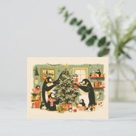 Cartão Postal De Festividades Penguin Family Decorating Christmas Tree Postcard