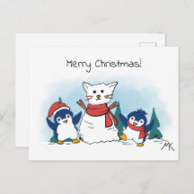 Penguins building a snowman christmas 