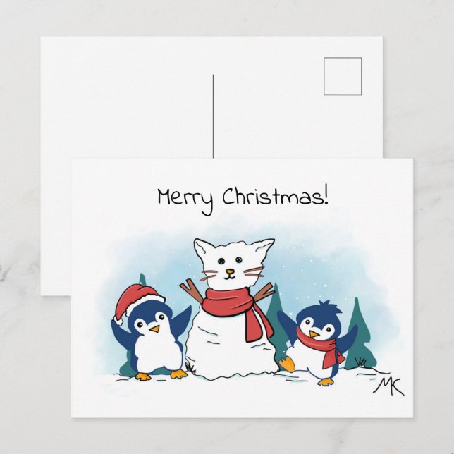 Cartão Postal De Festividades Penguins building a snowman christmas  (Frente/Verso)