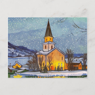 Cartão Postal De Festividades Pequena igreja na vila durante o inverno