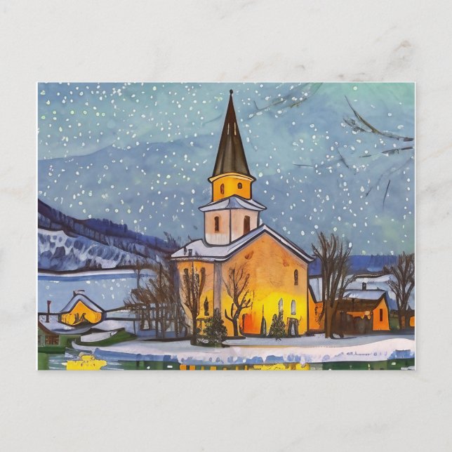 Cartão Postal De Festividades Pequena igreja na vila durante o inverno (Frente)