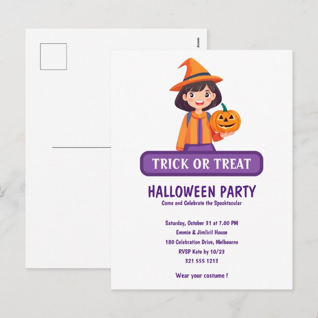 Cartão Postal De Festividades Pequena Menina Pumpkin Trick ou Treine (Frente/Verso)