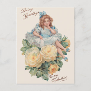 Cartão Postal De Festividades Pequena Vintage Girl, Rosas e Namorados Saudações