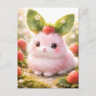 Cartão Postal De Festividades Personagem Adorável Coelho Rosa com Morango