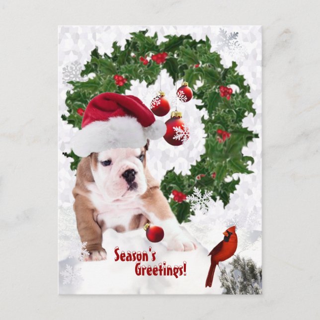 Cartão Postal De Festividades Personalize! - Bulhdog Puppy Christmas Versão 2 (Frente)