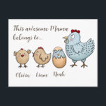 Cartão Postal De Festividades Personalized Mama Chicken Chicks – Custom Names<br><div class="desc">Send a heartfelt message with this charming personalized mama chicken postcard, featuring a sweet hen and her adorable baby chicks—each customized with names to represent your loved ones. Designed in a soft watercolor farmhouse style, this postcard captures the warmth, love, and connection of family in a simple yet meaningful way....</div>