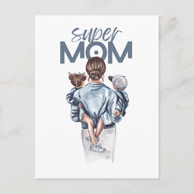 Cartão Postal De Festividades Personalized Super Mom with Son and Daughter Gift (Frente)