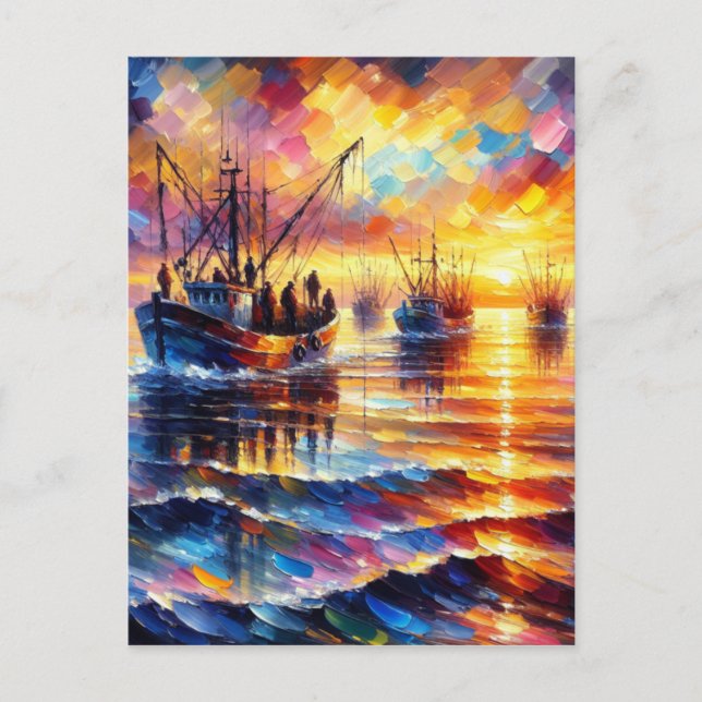 Cartão Postal De Festividades Pescadores recuperam ao nascer do sol. (Frente)