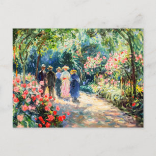 Cartão Postal De Festividades Pessoas caminhando pelo jardim rosa