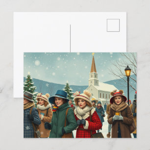 Cartão Postal De Festividades Pessoas de Ilustração Vintage deixando a Igreja