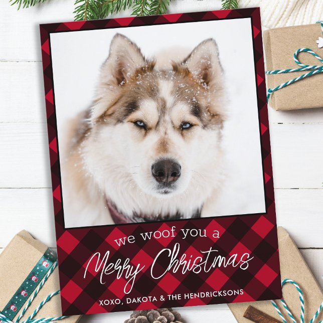 Cartão Postal De Festividades Pet Photo Personalized Red Xadrez Feliz Natal (Criador carregado)