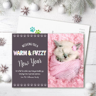 Cartão Postal De Festividades Pet Quente e Felpudo Novo Ano de Tipografia Fotogr