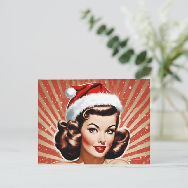 Cartão Postal De Festividades Pin-up Retro no Natal da Menina (Em pé/Frente)