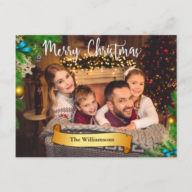 Cartão Postal De Festividades Pine Bough Frame White Feliz Foto de Natal (Frente)