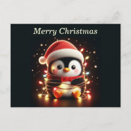 Cartão Postal De Festividades Pinguim Bonito Embalado em Luzes de Natal