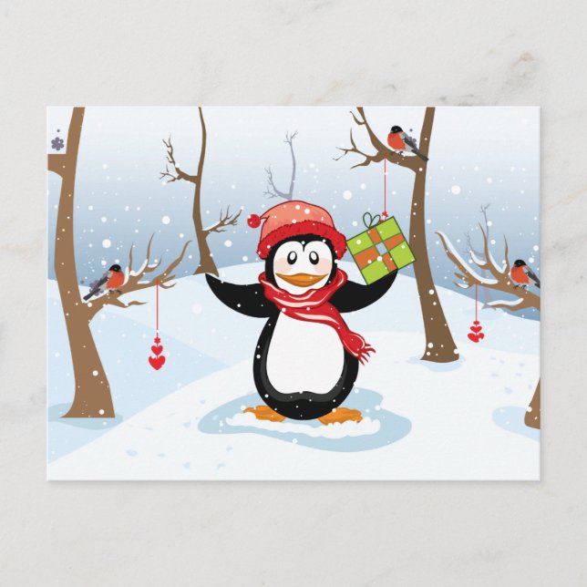 Cartão Postal De Festividades Pinguim com paisagem do inverno do presente do (Frente)