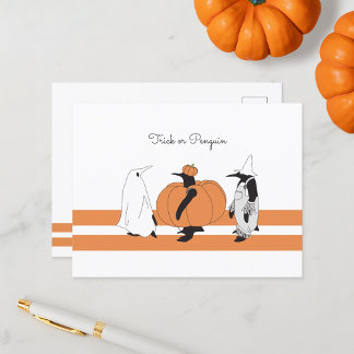 Cartão Postal De Festividades Pinguim de Abóbora Personalizado Funny Halloween