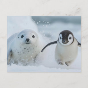 Cartão Postal De Festividades Pinguim e Foca Amigos - Brincando na Neve