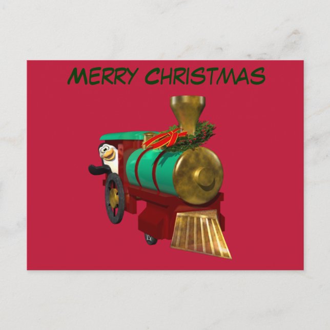 Cartão Postal De Festividades Pinguim e trem de Natal (Frente)