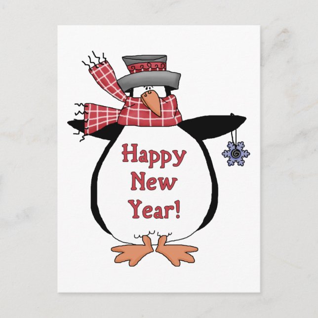 Cartão Postal De Festividades Pinguim feliz ano novo (Frente)