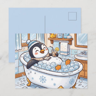 Cartão Postal De Festividades Pinguim Feliz de Desenho Animado Fofo Tomando Banh