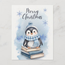 Cartão Postal De Festividades Pinguim Natal de Watercolor