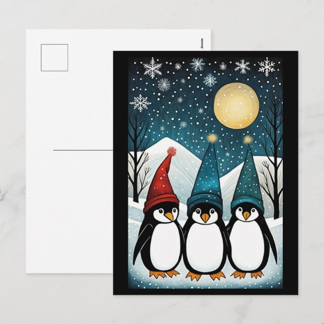 Cartão Postal De Festividades Pinguim Papais noeis da Montanha Snowy no Natal (Frente/Verso)