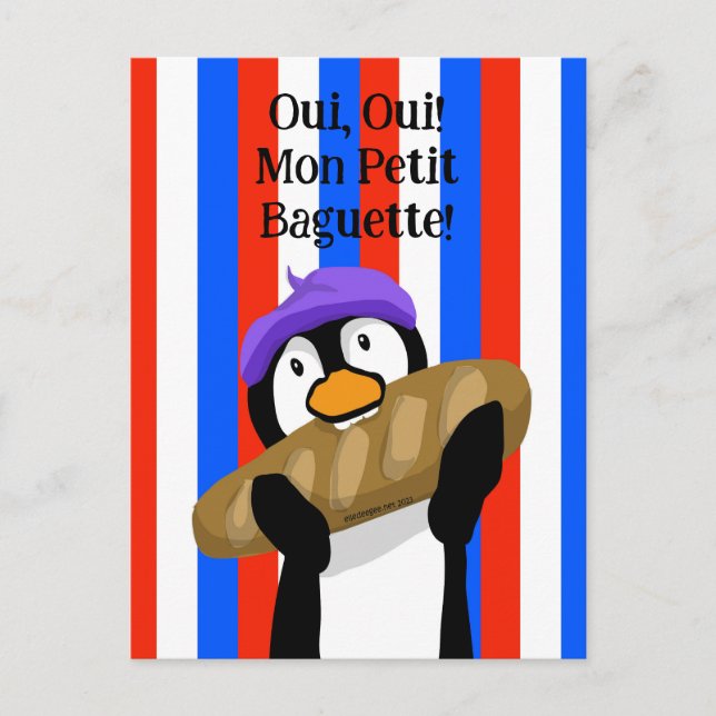 Cartão Postal De Festividades Pinguim parisiense com Baguette (Frente)