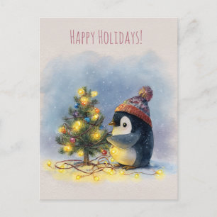 Cartão Postal De Festividades Pinguim pequeno decora minúscula árvore de Natal,