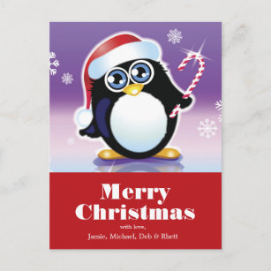 Cartão Postal De Festividades Pinguim que veste o chapéu do papai noel,