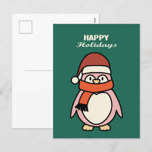 Cartão Postal De Festividades pinguim rosa rosa feliz nos feriados