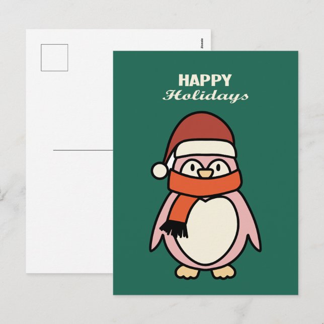 Cartão Postal De Festividades pinguim rosa rosa feliz nos feriados (Frente/Verso)