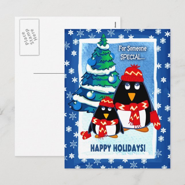 Cartão Postal De Festividades Pinguins bonitos no Natal (Frente/Verso)