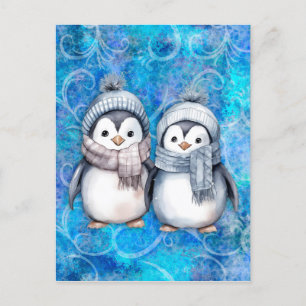 Cartão Postal De Festividades Pinguins de Aquarela Azul-Inverno Escarpando Chapé