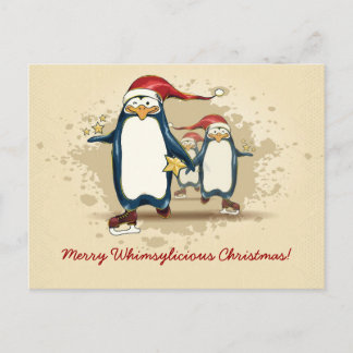 Cartão Postal De Festividades Pinguins de patinagem do Natal