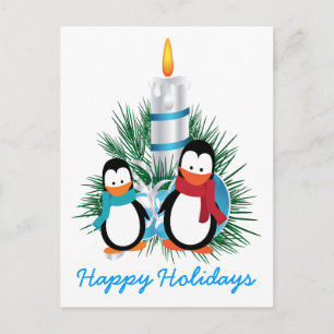 Cartão Postal De Festividades Pinguins e costume de Natal de vela