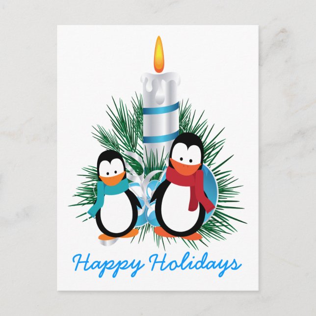 Cartão Postal De Festividades Pinguins e costume de Natal de vela (Frente)