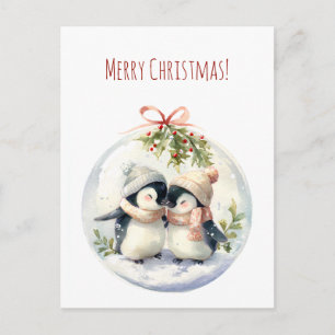 Cartão Postal De Festividades Pinguins em aquarela no Merry Christmas