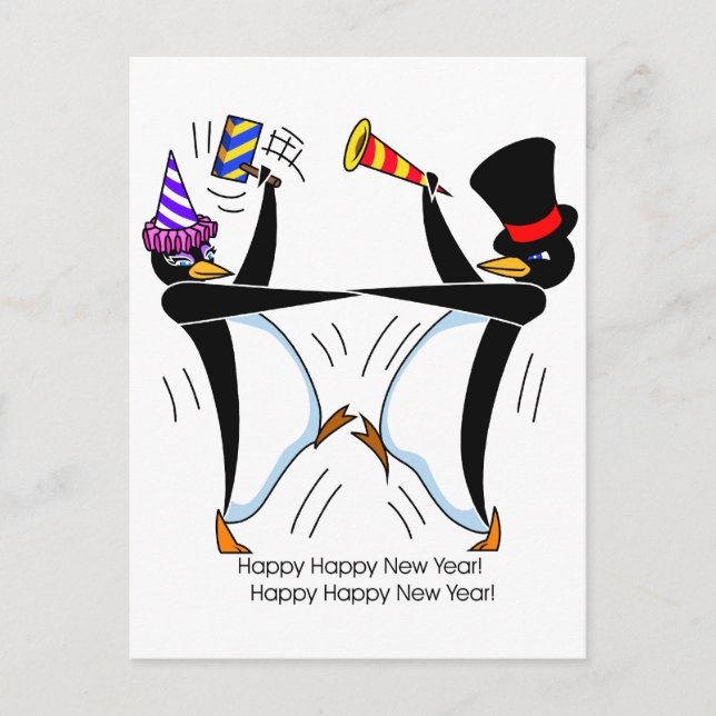 Cartão Postal De Festividades Pinguins felizes do feliz ano novo (Frente)